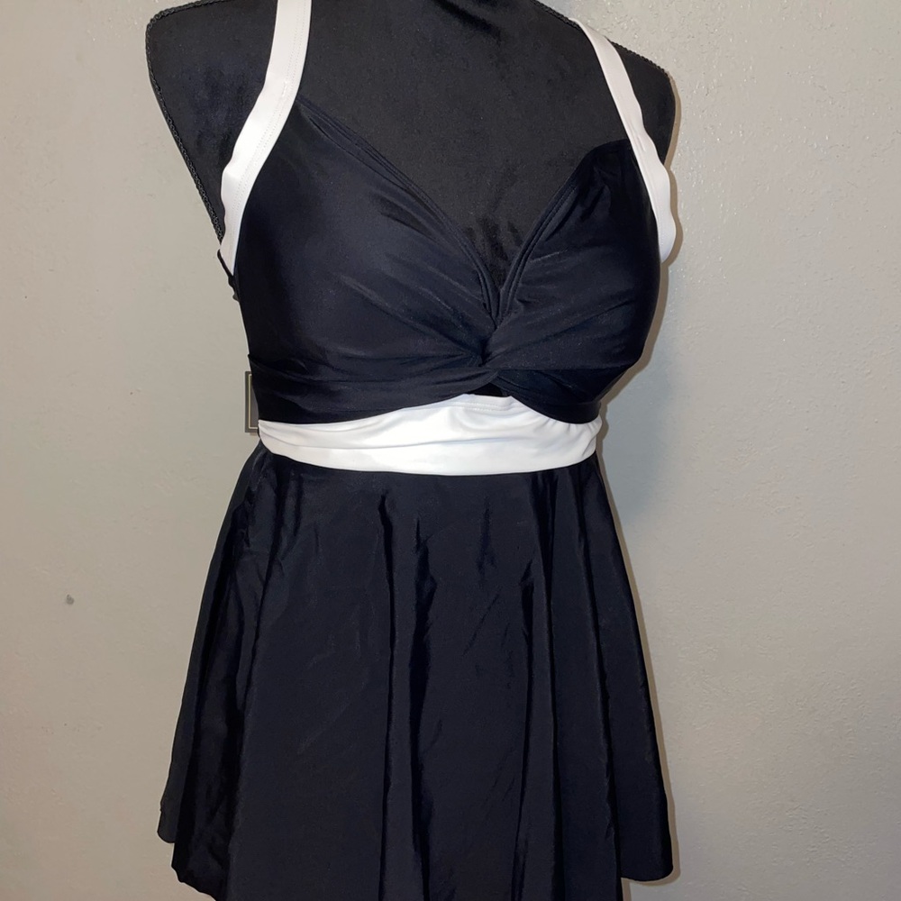 Black and White Halter Swim Mini with Twisted Bodice